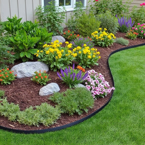 Grass barrier wrapping around a flowerr bed in the rear of a house.